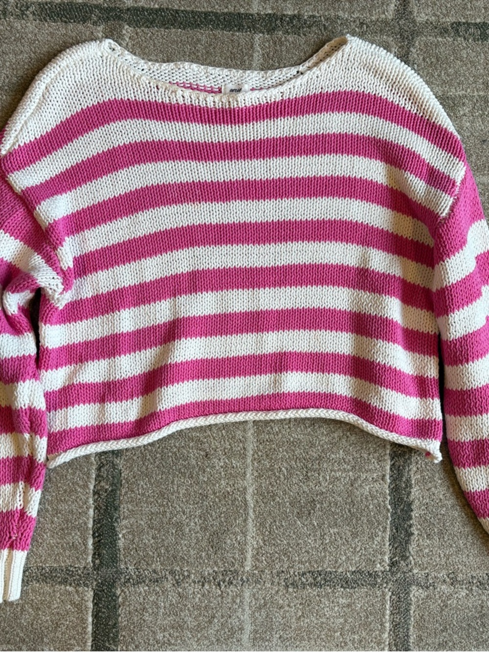 aerie Pink and White Striped Cropped Crewneck Sweater
